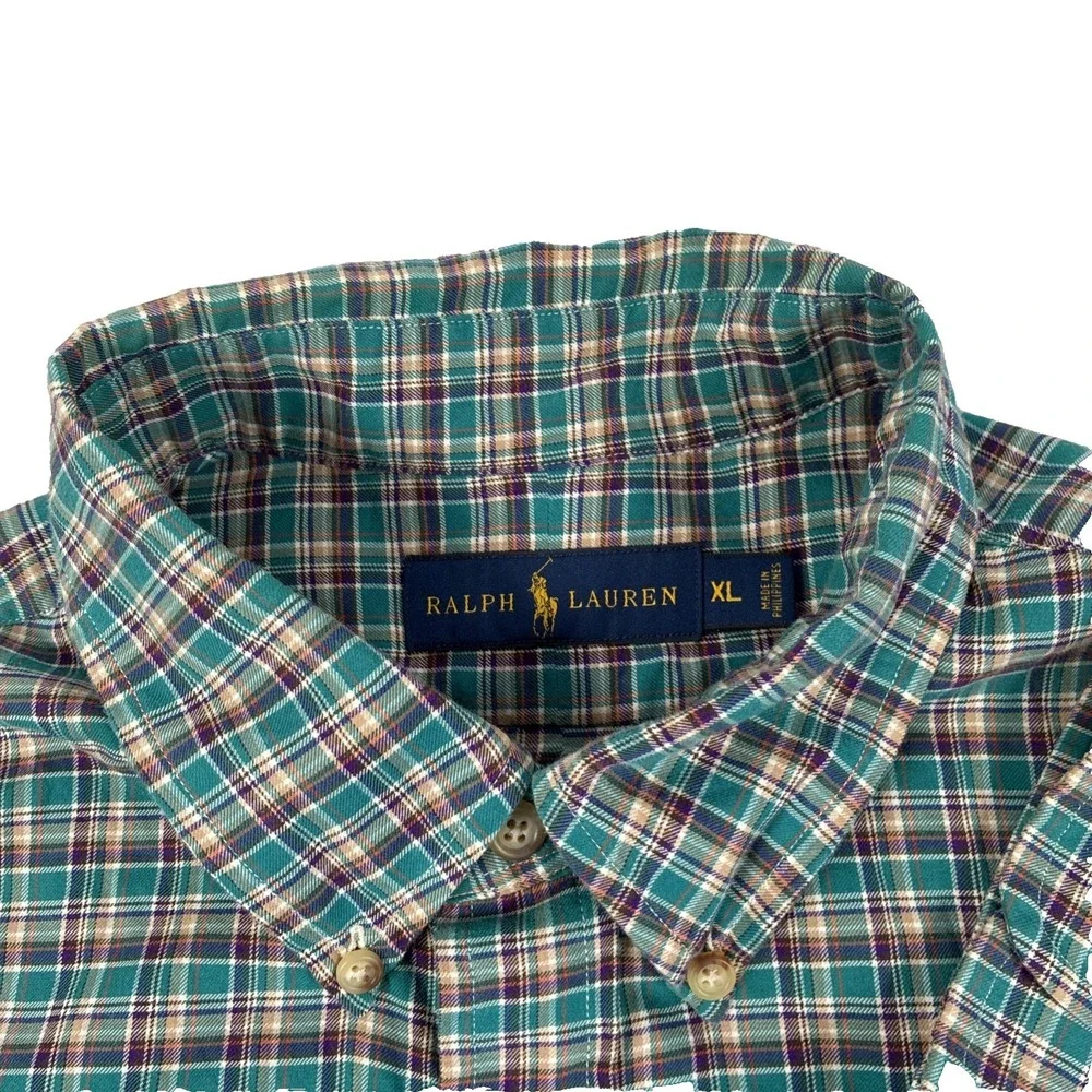 Mens Ralph Lauren Long Sleeve Button Down Teal Plaid Shirt Size XL Cotton